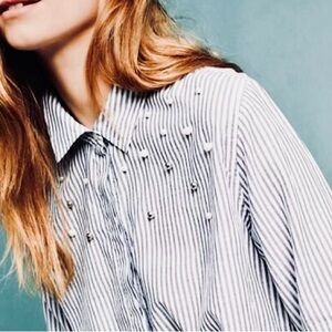 RAILS Taylor Banker Stripe Pearl Accent Button Down Shirt Embellished Top